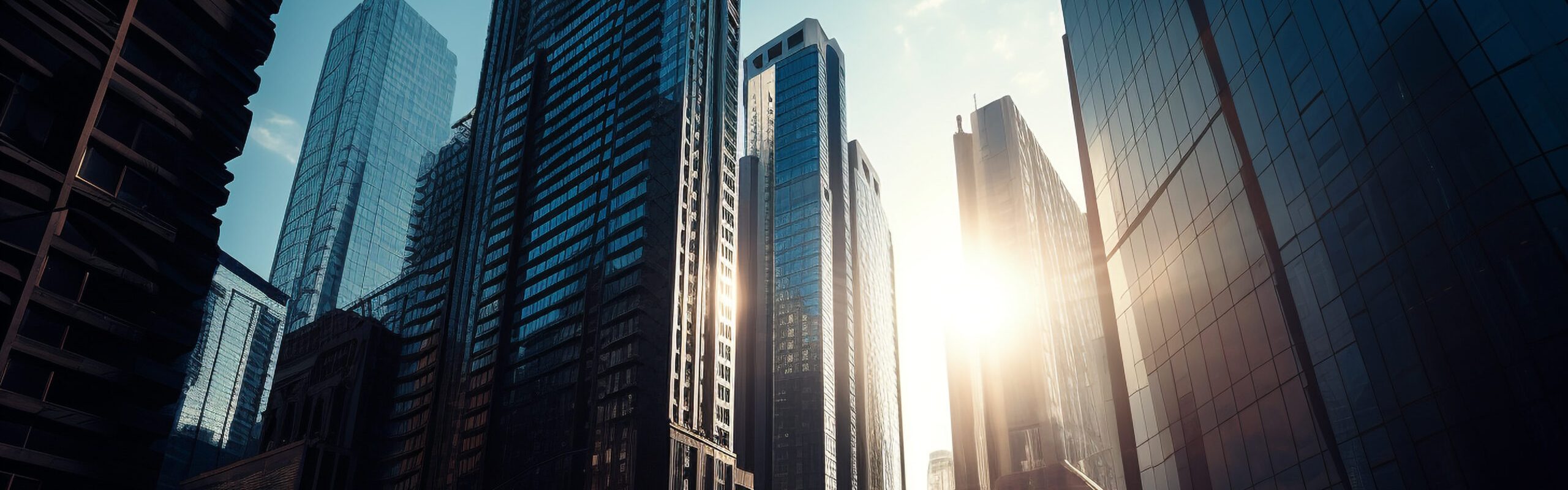 Tall steel skyscraper reflects blue twilight sunlight glow generated by artificial intelligence